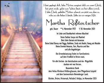 Traueranzeige von Martha Roßteutscher von Südthüringer Presse