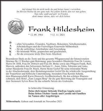 Traueranzeige von Frank Hildesheim von Südthüringer Presse