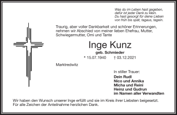 Traueranzeige von Inge Kunz von Frankenpost