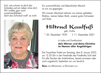 Traueranzeige von Hiltrud Kaulfuß von Südthüringer Presse