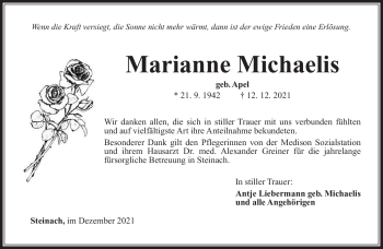 Traueranzeige von Marianne Michaelis von Südthüringer Presse