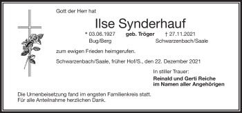 Traueranzeige von Ilse Synderhauf von Frankenpost