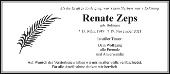 Traueranzeige von Renate Zeps von Frankenpost