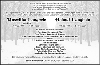 Traueranzeige von Roswitha Langbein von Südthüringer Presse