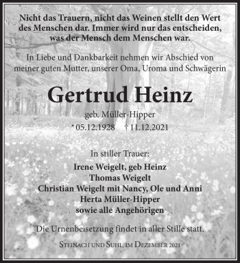 Traueranzeige von Gertrud Heinz von Südthüringer Presse