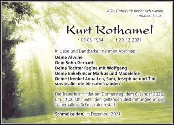 Traueranzeige von Kurt Rothamel von Südthüringer Presse