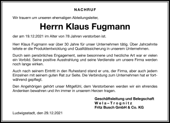 Traueranzeige von Klaus Fugmann von Neue Presse Coburg