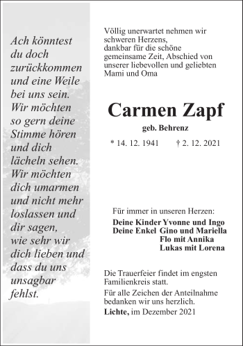 Traueranzeige von Carmen Zapf von Südthüringer Presse