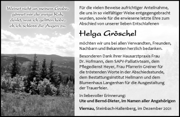 Traueranzeige von Helga Gröschel von Südthüringer Presse