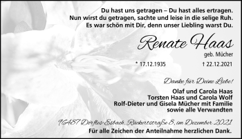 Traueranzeige von Renate Haas von Neue Presse Coburg