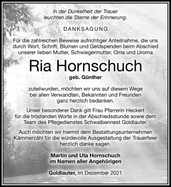 Traueranzeige von Ria Hornschuh von Südthüringer Presse