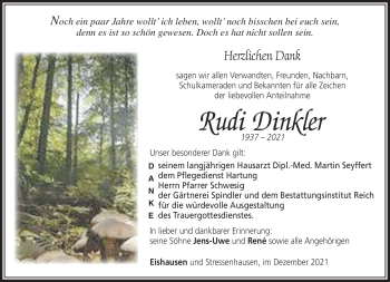 Traueranzeige von Rudi Dinkler von Südthüringer Presse