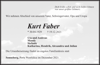 Traueranzeige von Kurt Faber von Südthüringer Presse