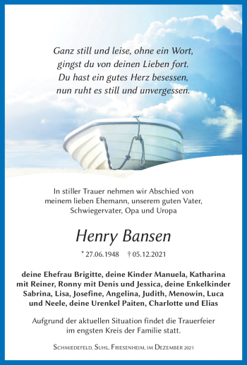 Traueranzeige von Henry Bansen von Südthüringer Presse