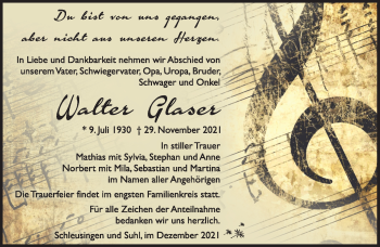 Traueranzeige von Walter Glaser von Südthüringer Presse