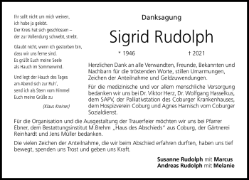 Traueranzeige von Sigrid Rudolph von Neue Presse Coburg