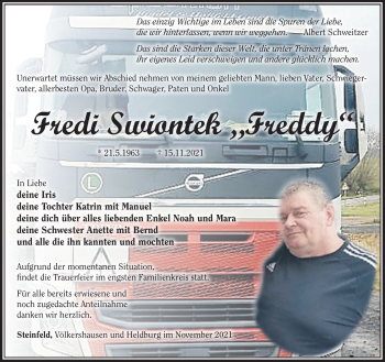 Traueranzeige von Fredi Swiontek von Südthüringer Presse
