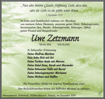 Traueranzeige von Uwe Zetzmann von Südthüringer Presse