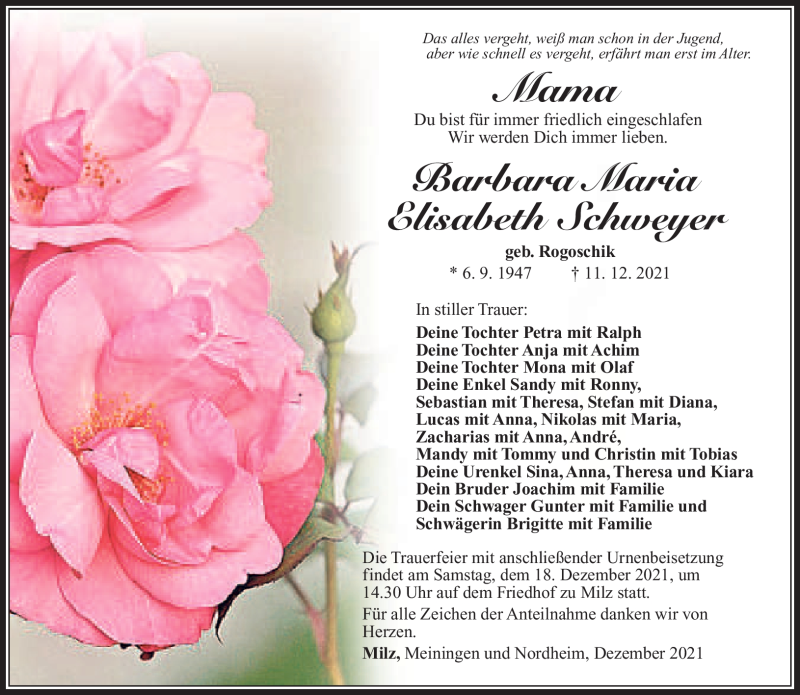  Traueranzeige für Barbara Schweyer vom 16.12.2021 aus Südthüringer Presse