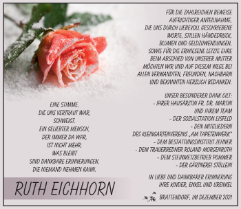 Traueranzeige von Ruth Eichhorn von Südthüringer Presse