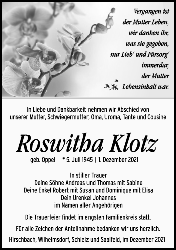 Traueranzeige von Roswita Klotz von Südthüringer Presse