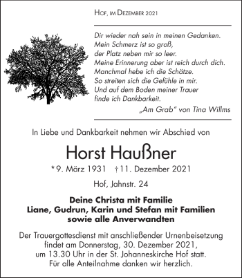 Traueranzeige von Horst Haußner von Frankenpost