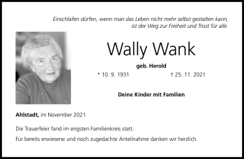 Traueranzeige von Wally Wank von Neue Presse Coburg