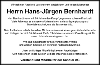 Traueranzeige von Hans-Jürgen Bernhardt von Frankenpost