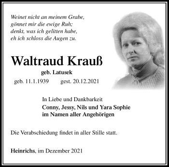 Traueranzeige von Waltraud Krauß von Südthüringer Presse