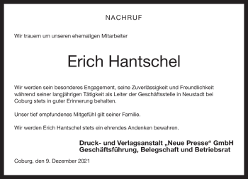 Traueranzeige von Erich Hantschel von Neue Presse Coburg