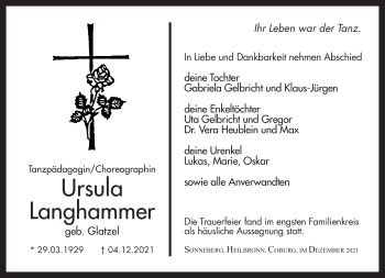 Traueranzeige von Ursula Langhammer von Südthüringer Presse
