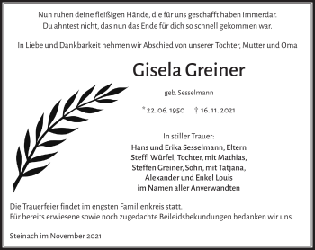 Traueranzeige von Gisela Greiner von Südthüringer Presse