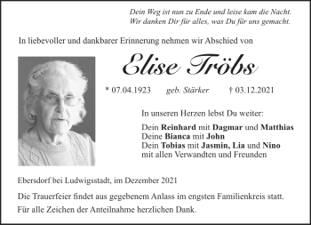 Traueranzeige von Elise Tröbs von Neue Presse Coburg