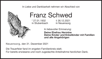 Traueranzeige von Franz Schwed von Neue Presse Coburg
