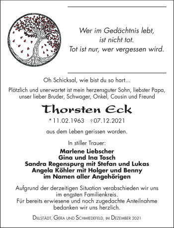 Traueranzeige von Thorsten Eck von Südthüringer Presse
