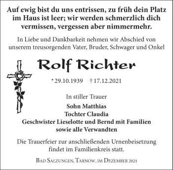 Traueranzeige von Rolf Richter von Südthüringer Presse