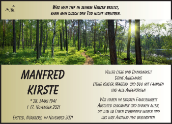 Traueranzeige von Manfred Kirste von Südthüringer Presse