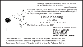 Traueranzeige von Hella Kassing von Frankenpost