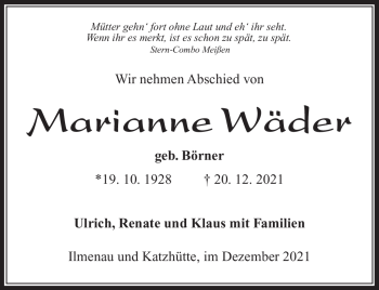 Traueranzeige von Marianne Wäder von Südthüringer Presse
