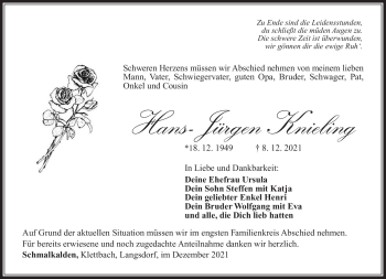 Traueranzeige von Hans-Jürgen Knieling von Südthüringer Presse