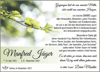 Traueranzeige von Manfred Jäger von Südthüringer Presse