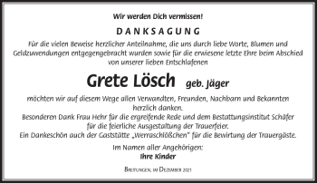 Traueranzeige von Grete Lösch von Südthüringer Presse