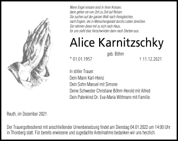 Traueranzeige von Alice Kranitzschky von Neue Presse Coburg