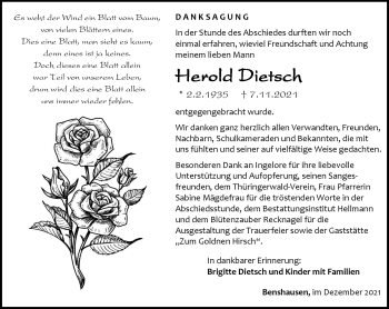 Traueranzeige von Herold Dietsch von Südthüringer Presse
