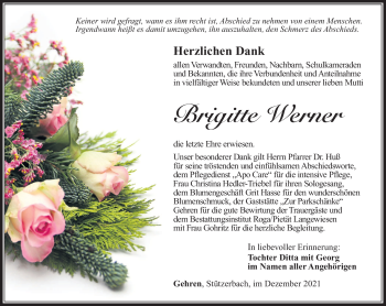Traueranzeige von Brigitte Werner von Südthüringer Presse