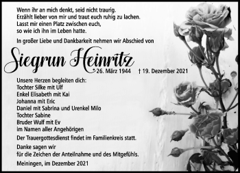 Traueranzeige von Siegrun Heinritz von Südthüringer Presse