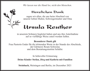Traueranzeige von Ursula Reuther von Südthüringer Presse
