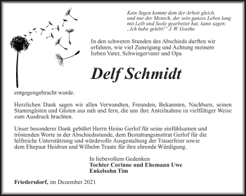 Traueranzeige von Delf Schmidt von Südthüringer Presse