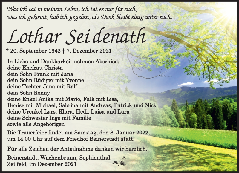  Traueranzeige für Lothar Seidenath vom 18.12.2021 aus Südthüringer Presse