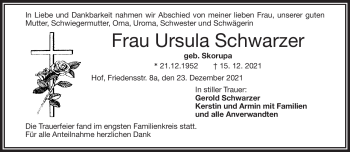 Traueranzeige von Ursula Schwarzer von Frankenpost